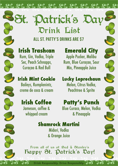 Bud and Stanley's St. Patrick's Day Menu