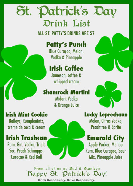 Bud and Stanley's St. Patrick's Day Menu